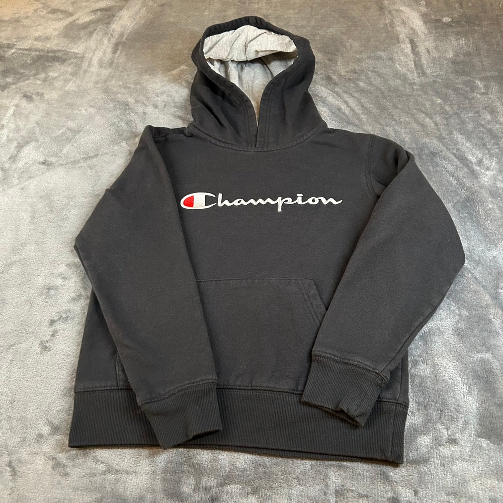 Champion Kids Black Hoodie Sweatshirt Pullover Long Sleeve Spellout Youth Medium